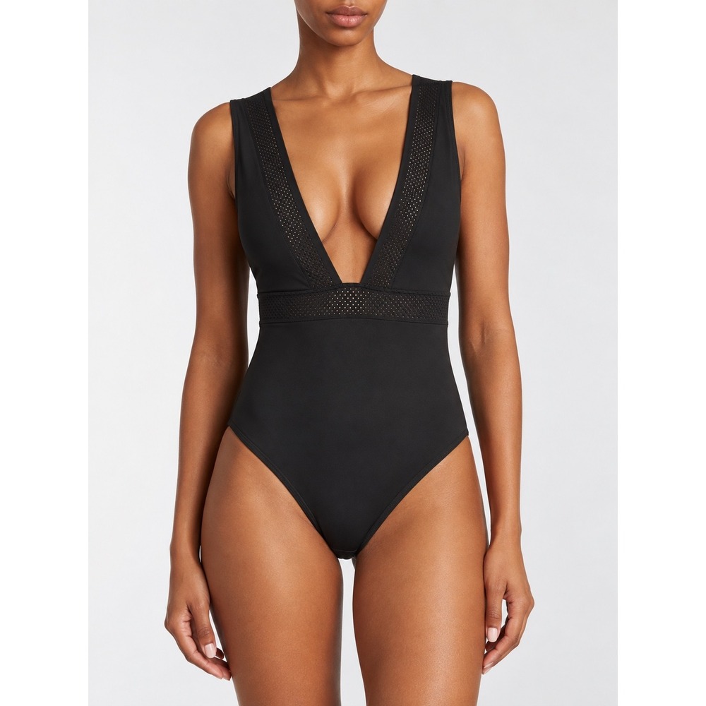 Eres Black Laser Cut Deep V-Neck One Piece Swimsuit Size US 10 FR 42 Luxury